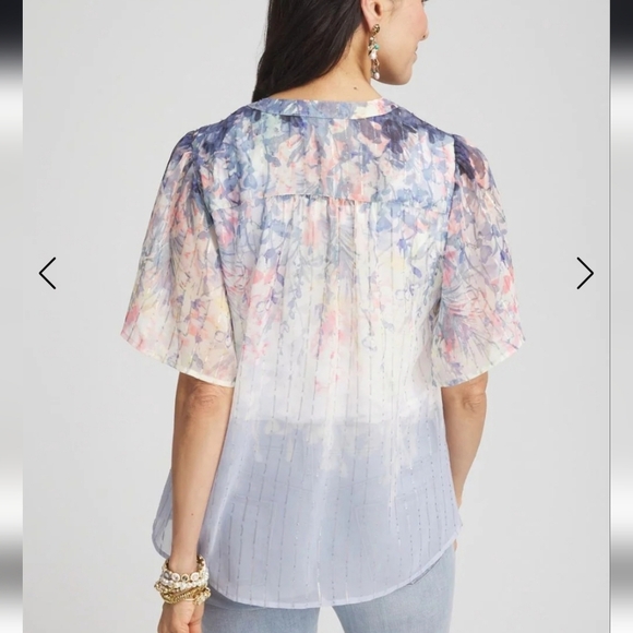 Chico's Sheer Floral Striped Jacquard Flutter-Sleeve Button Down Size Large - Picture 10 of 11